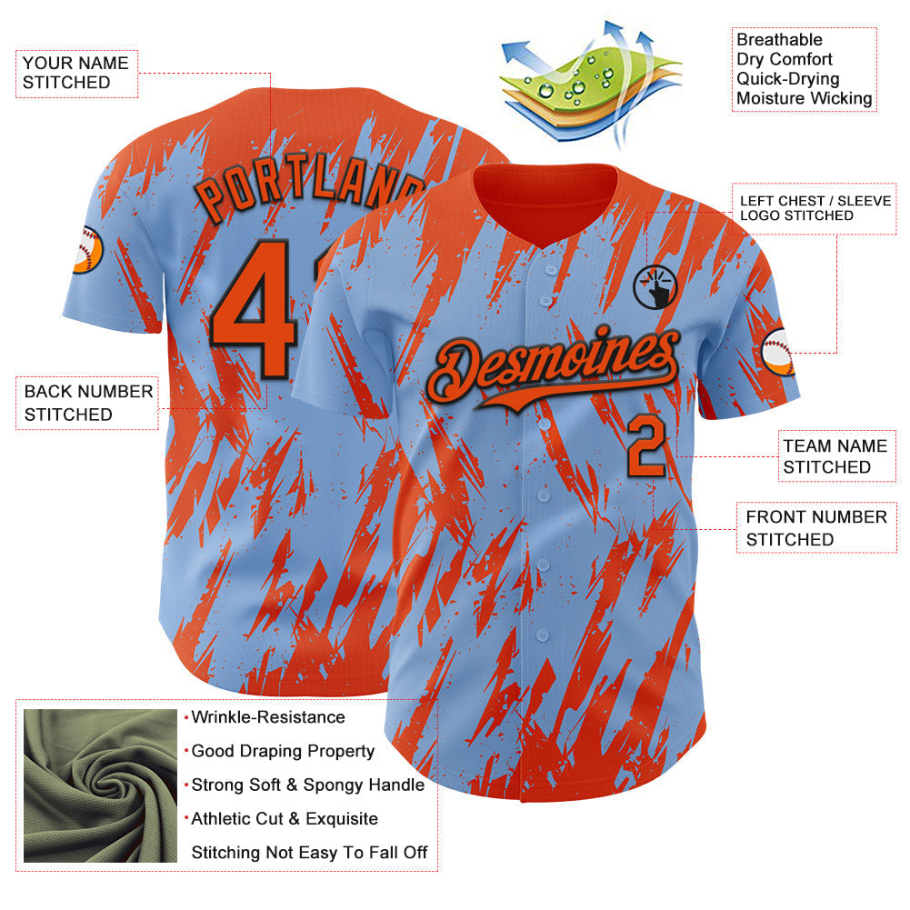 Custom Light Blue Orange-Black Splatter Torn Sharp Brush Stroke Authentic Baseball Jersey baseball jersey product view 3