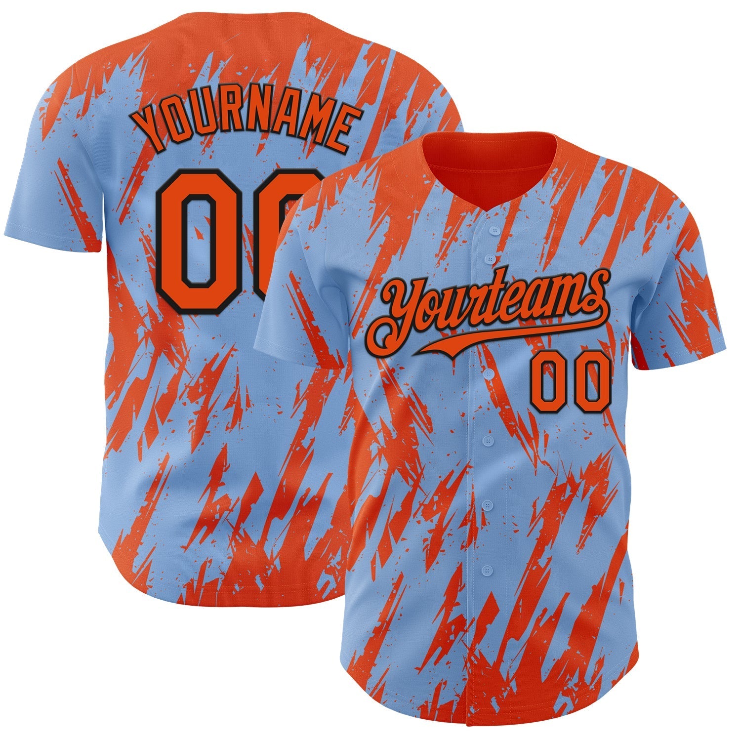 Custom Light Blue Orange-Black Splatter Torn Sharp Brush Stroke Authentic Baseball Jersey baseball jersey product view 1