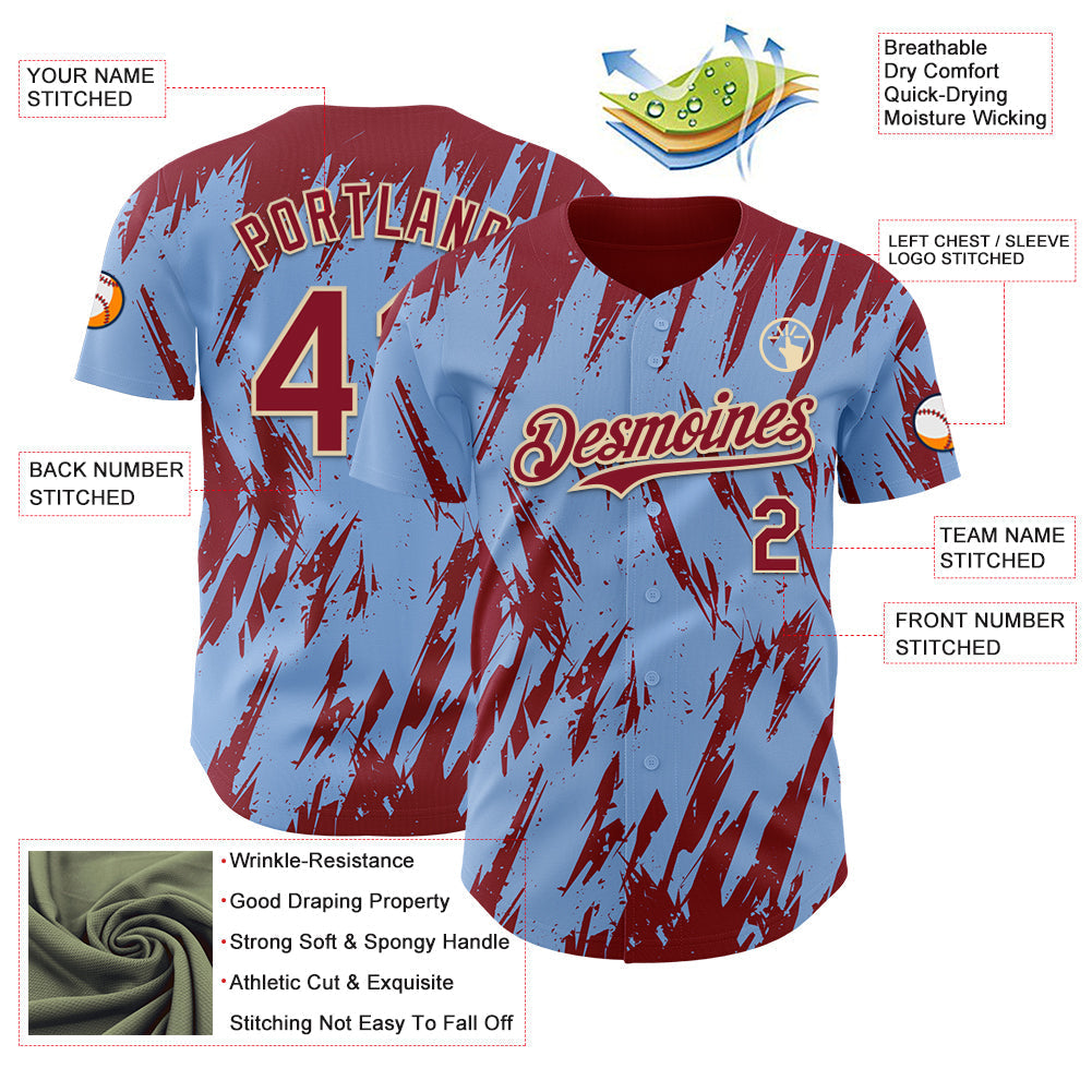 Custom Light Blue Crimson-Cream Splatter Torn Sharp Brush Stroke Authentic Baseball Jersey baseball jersey product view 3