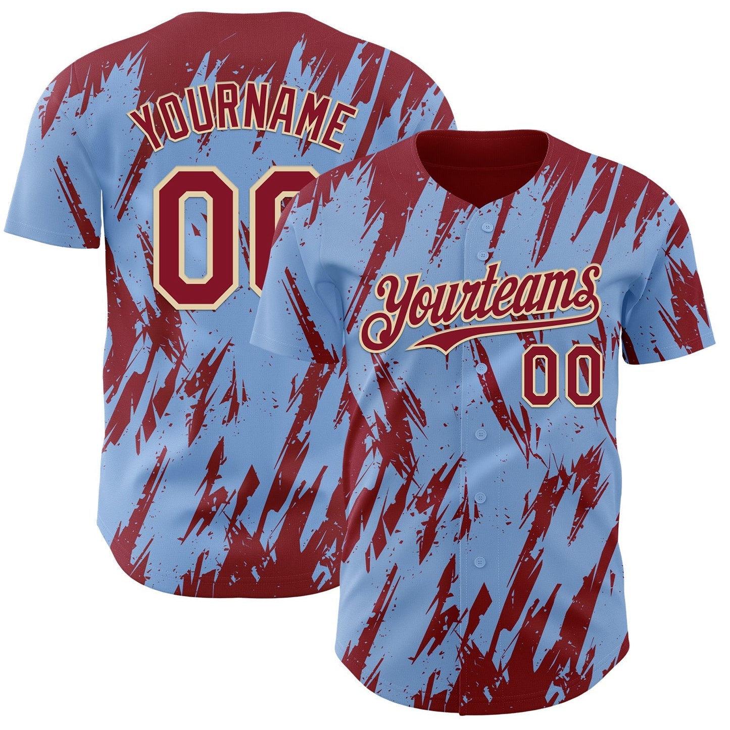 Custom Light Blue Crimson-Cream Splatter Torn Sharp Brush Stroke Authentic Baseball Jersey baseball jersey product view 1