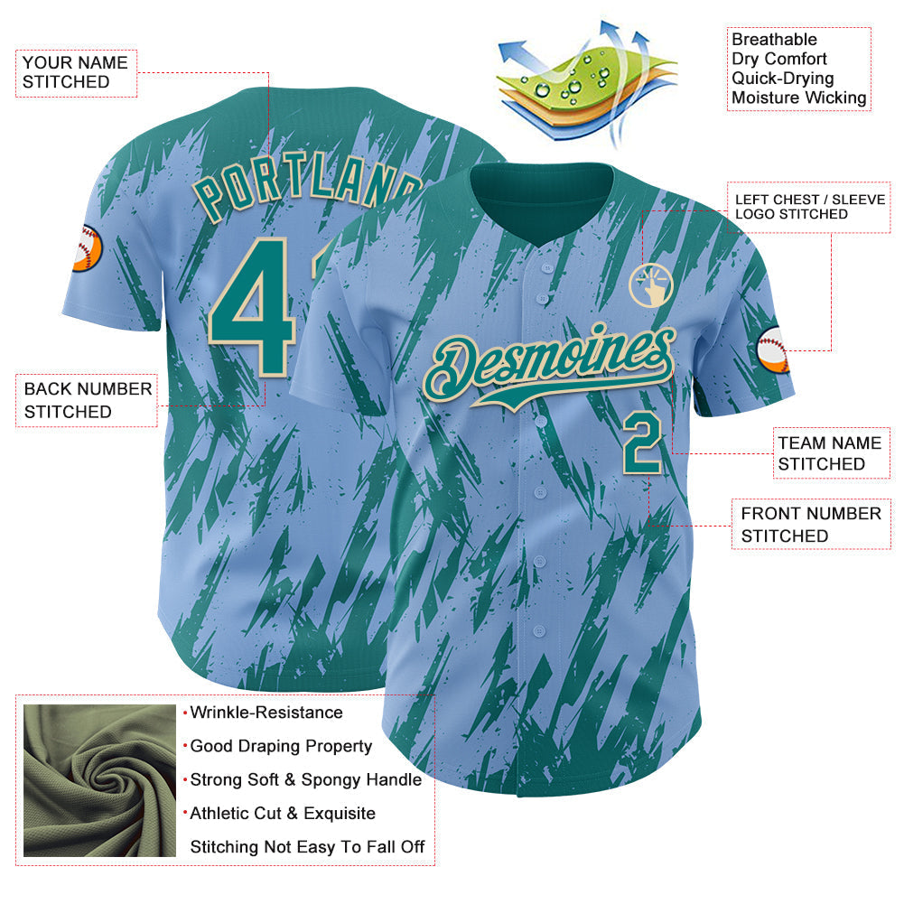 Custom Light Blue Teal-Cream Splatter Torn Sharp Brush Stroke Authentic Baseball Jersey baseball jersey product view 3