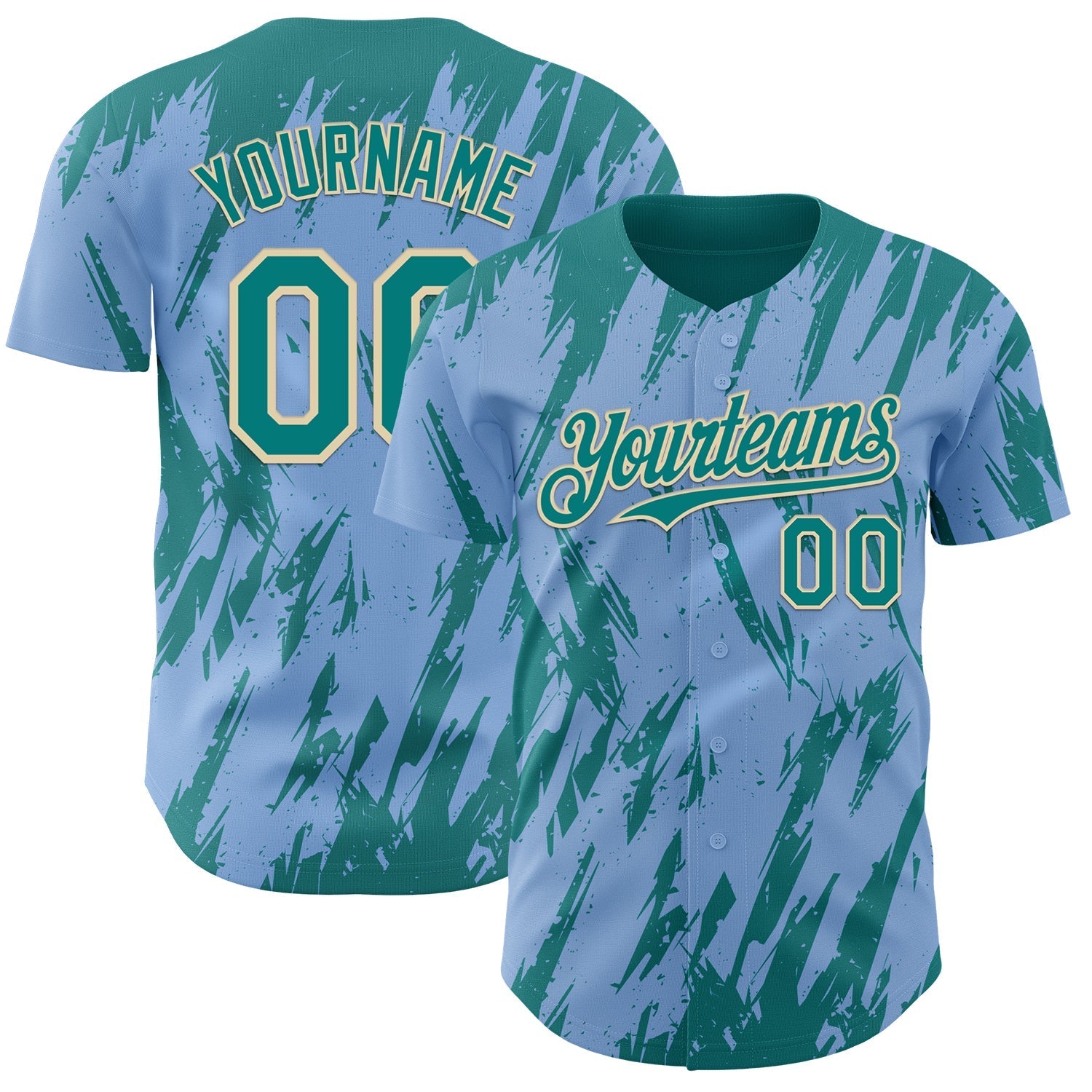 Custom Light Blue Teal-Cream Splatter Torn Sharp Brush Stroke Authentic Baseball Jersey baseball jersey product view 1