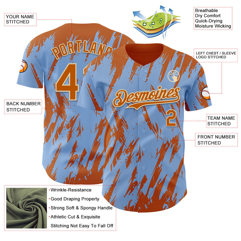 Custom Light Blue Bay Orange-Cream Splatter Torn Sharp Brush Stroke Authentic Baseball Jersey baseball jersey product view 3