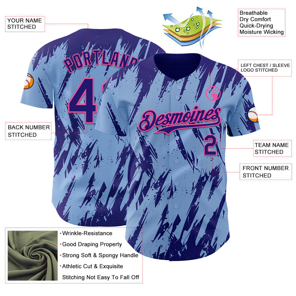 Custom Light Blue Dark Purple-Pink Splatter Torn Sharp Brush Stroke Authentic Baseball Jersey baseball jersey product view 3