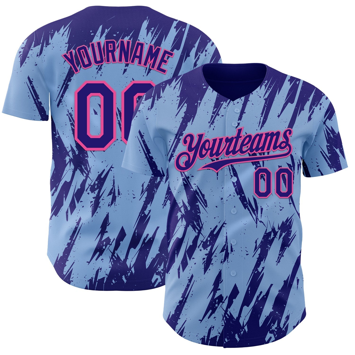 Custom Light Blue Dark Purple-Pink Splatter Torn Sharp Brush Stroke Authentic Baseball Jersey baseball jersey product view 1