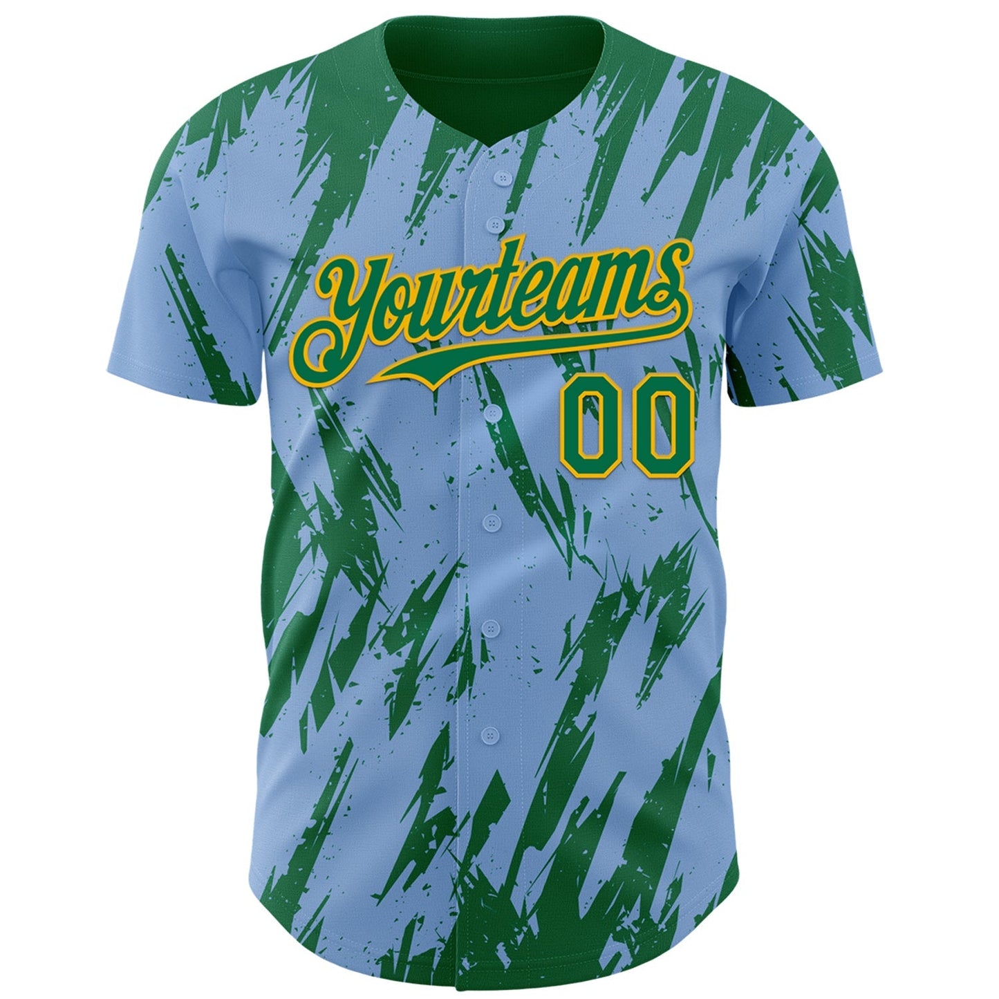 Custom Light Blue Kelly Green-Gold Splatter Torn Sharp Brush Stroke Authentic Baseball Jersey baseball jersey product view 2