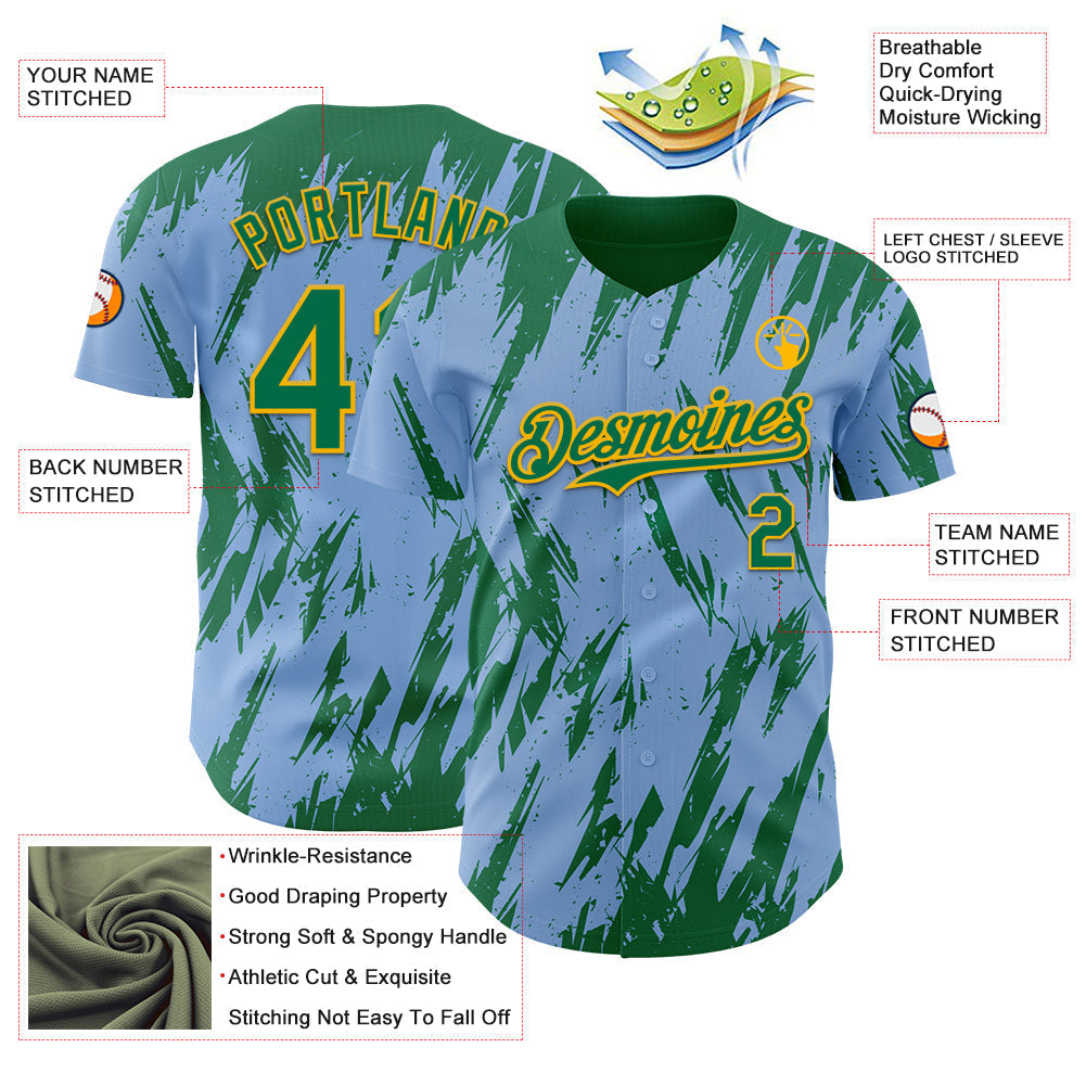 Custom Light Blue Kelly Green-Gold Splatter Torn Sharp Brush Stroke Authentic Baseball Jersey baseball jersey product view 3