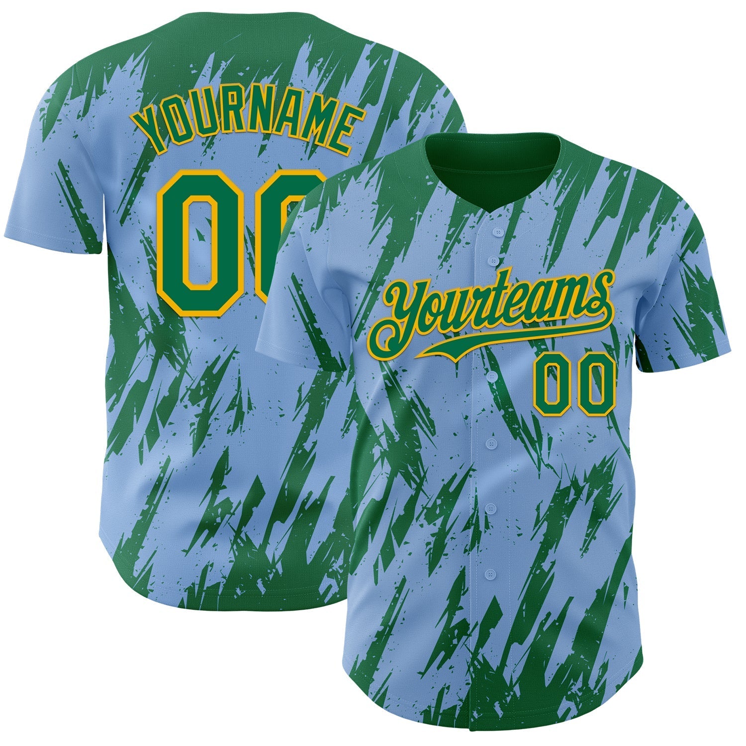 Custom Light Blue Kelly Green-Gold Splatter Torn Sharp Brush Stroke Authentic Baseball Jersey baseball jersey product view 1