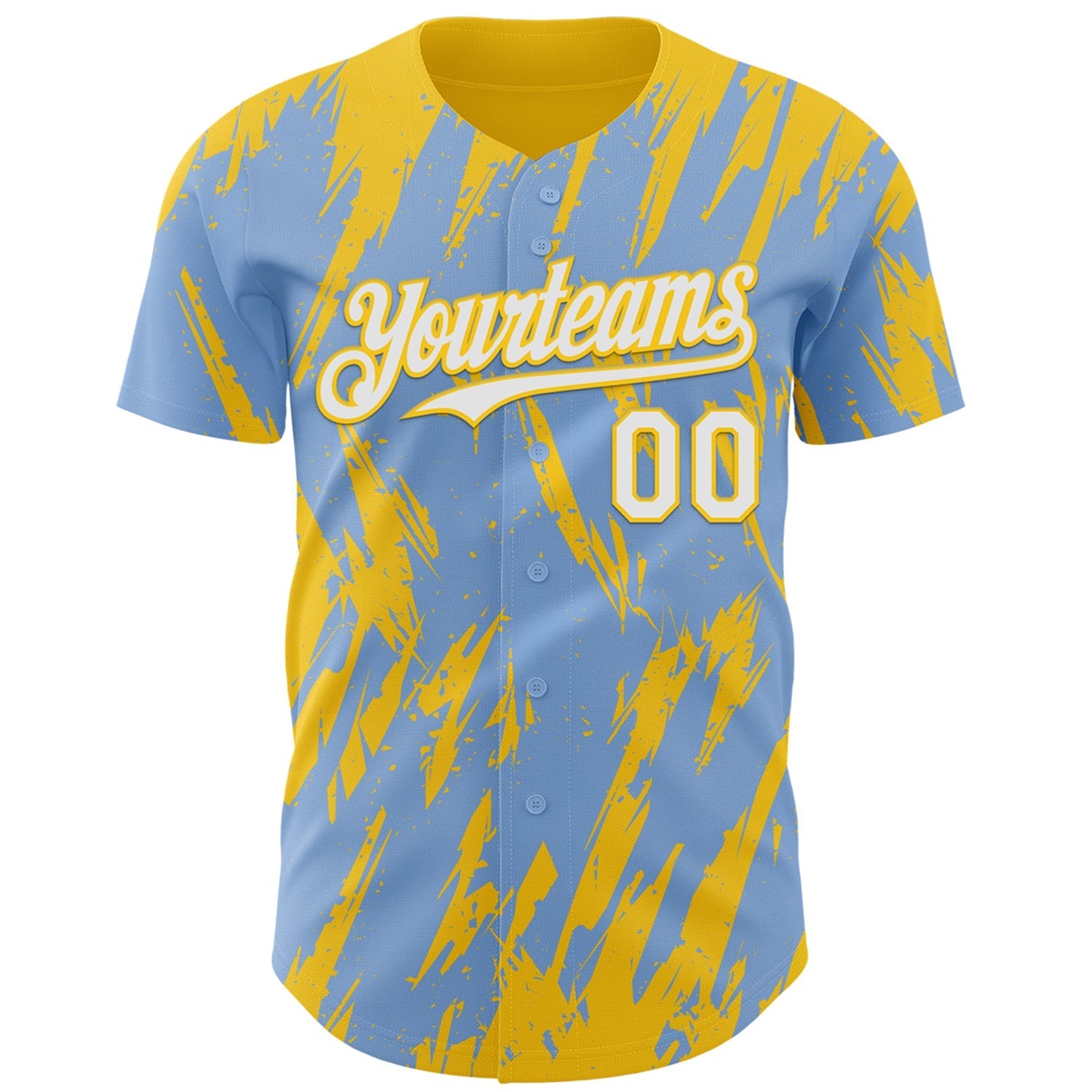 Custom Light Blue White-Yellow Splatter Torn Sharp Brush Stroke Authentic Baseball Jersey baseball jersey product view 2