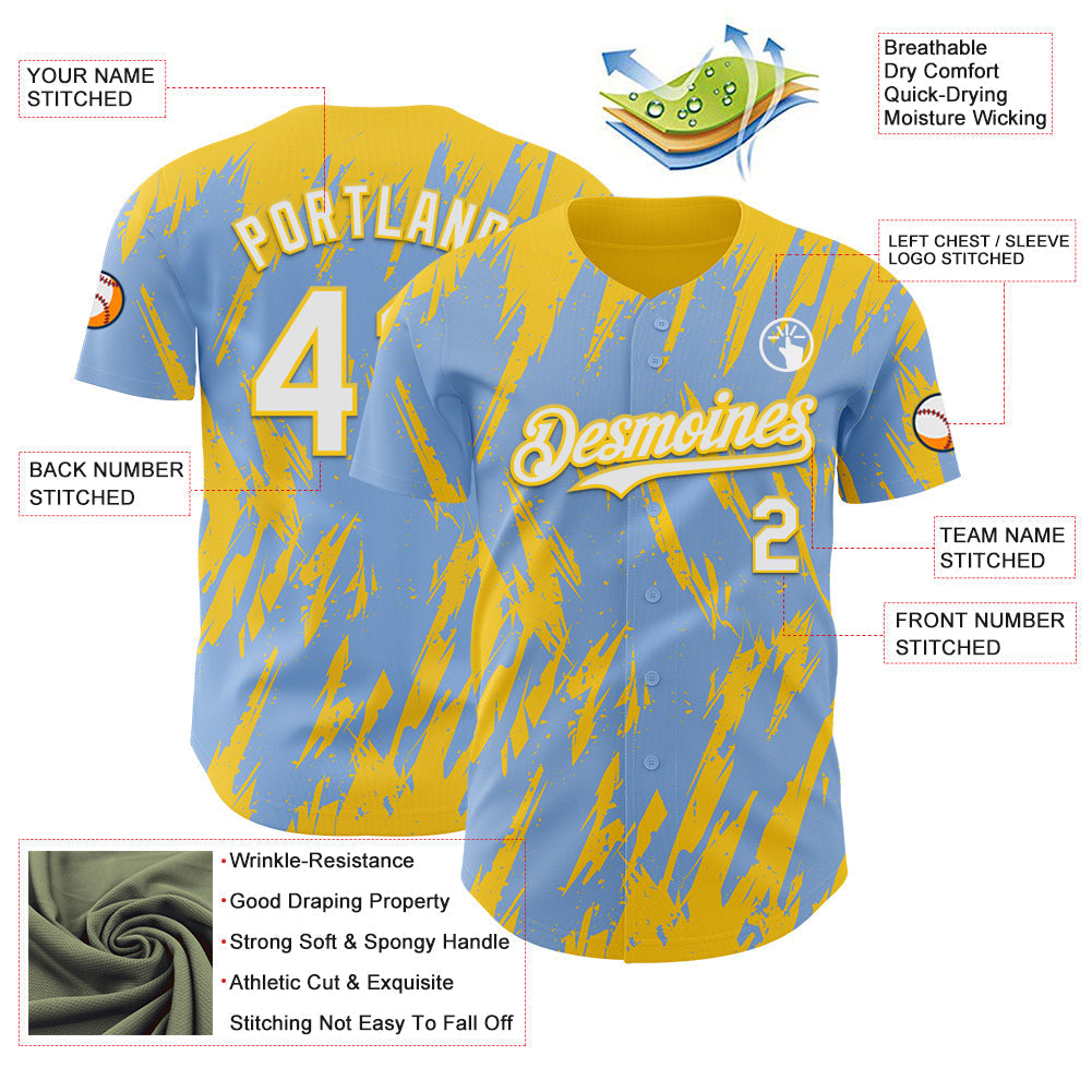 Custom Light Blue White-Yellow Splatter Torn Sharp Brush Stroke Authentic Baseball Jersey baseball jersey product view 3