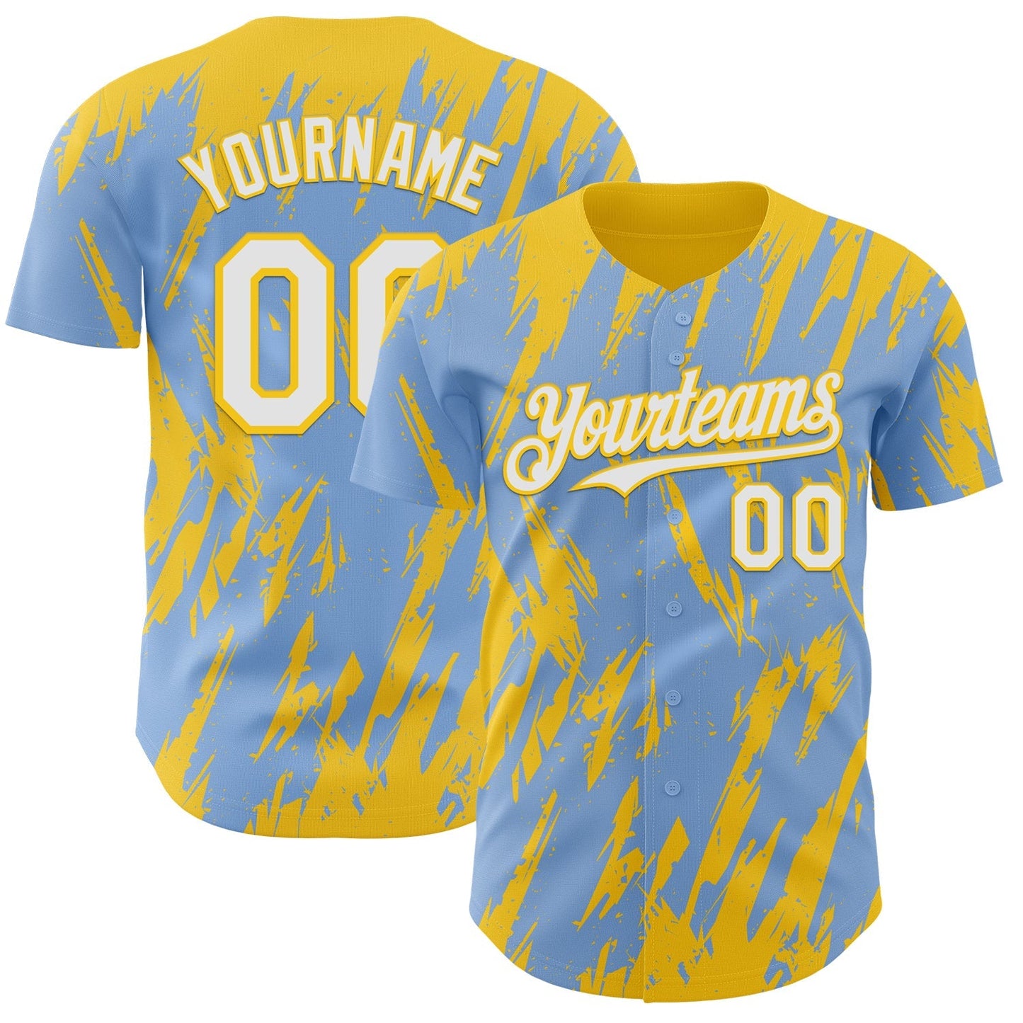 Custom Light Blue White-Yellow Splatter Torn Sharp Brush Stroke Authentic Baseball Jersey baseball jersey product view 1