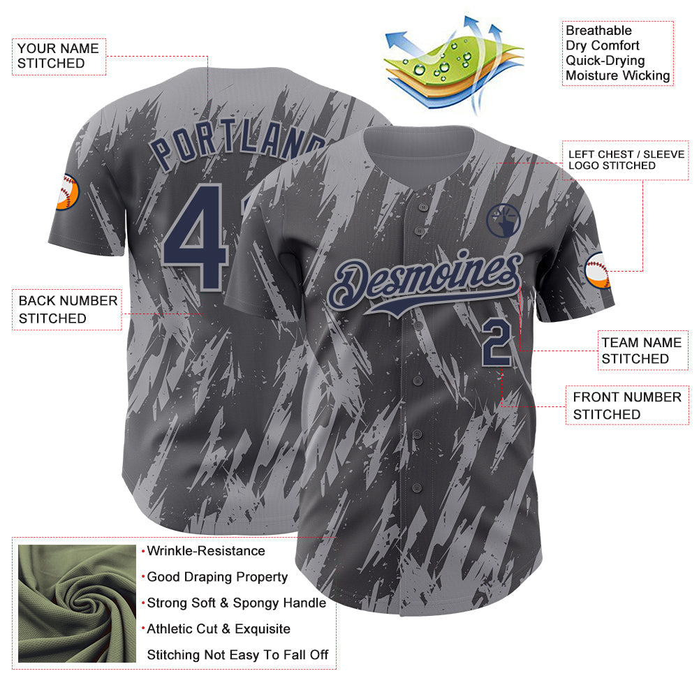 Custom Steel Gray Navy-Gray Splatter Torn Sharp Brush Stroke Authentic Baseball Jersey baseball jersey product view 3