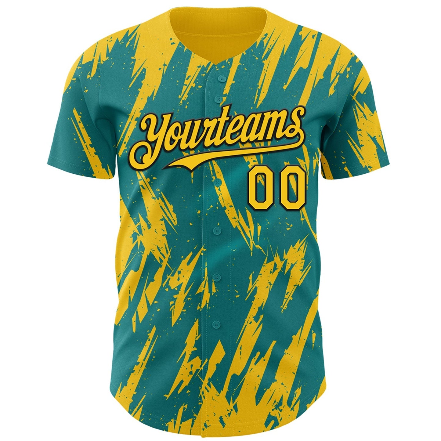 Custom Teal Yellow-Black Splatter Torn Sharp Brush Stroke Authentic Baseball Jersey baseball jersey product view 2