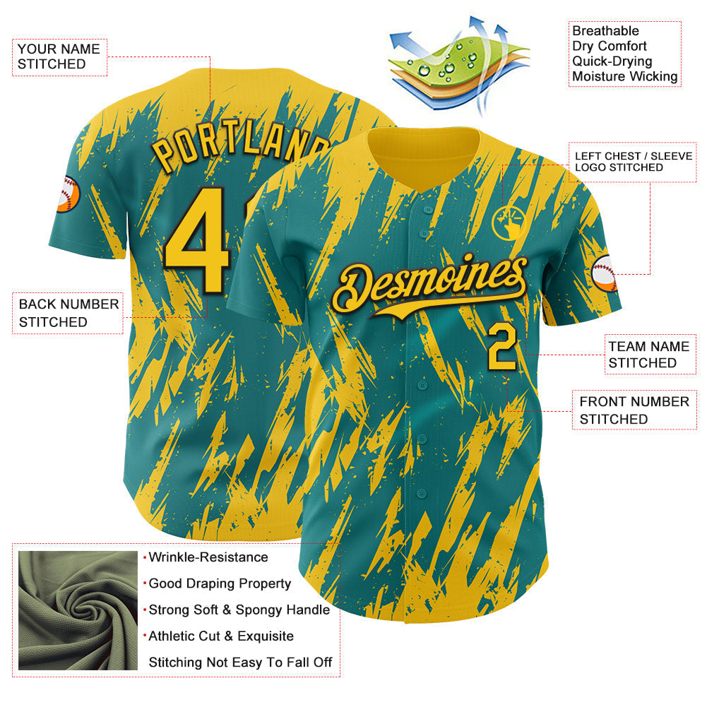 Custom Teal Yellow-Black Splatter Torn Sharp Brush Stroke Authentic Baseball Jersey baseball jersey product view 3
