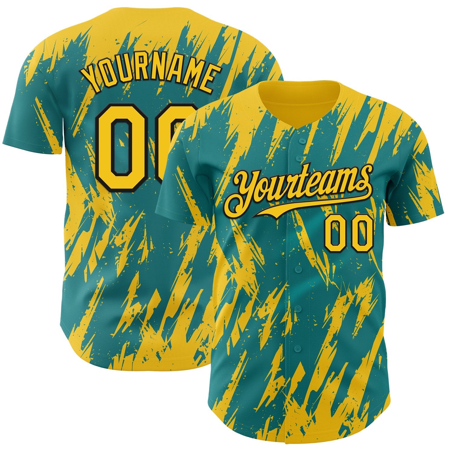 Custom Teal Yellow-Black Splatter Torn Sharp Brush Stroke Authentic Baseball Jersey baseball jersey product view 1