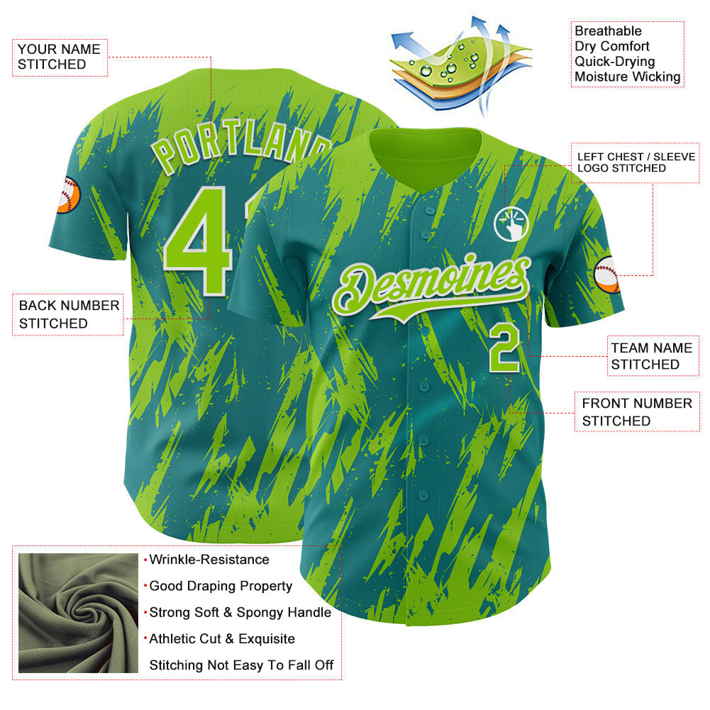Custom Teal Neon Green-White Splatter Torn Sharp Brush Stroke Authentic Baseball Jersey baseball jersey product view 3
