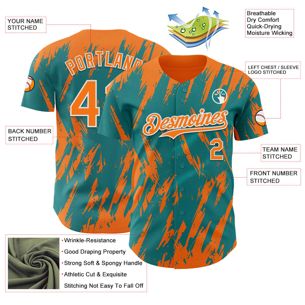 Custom Teal Bay Orange-White Splatter Torn Sharp Brush Stroke Authentic Baseball Jersey baseball jersey product view 3