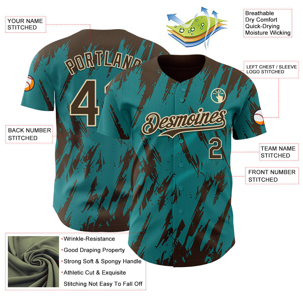 Custom Teal Brown-Cream Splatter Torn Sharp Brush Stroke Authentic Baseball Jersey baseball jersey product view 3