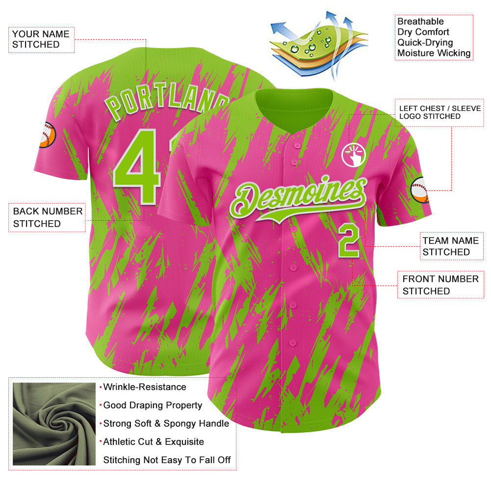 Custom Pink Neon Green-White Splatter Torn Sharp Brush Stroke Authentic Baseball Jersey baseball jersey product view 3