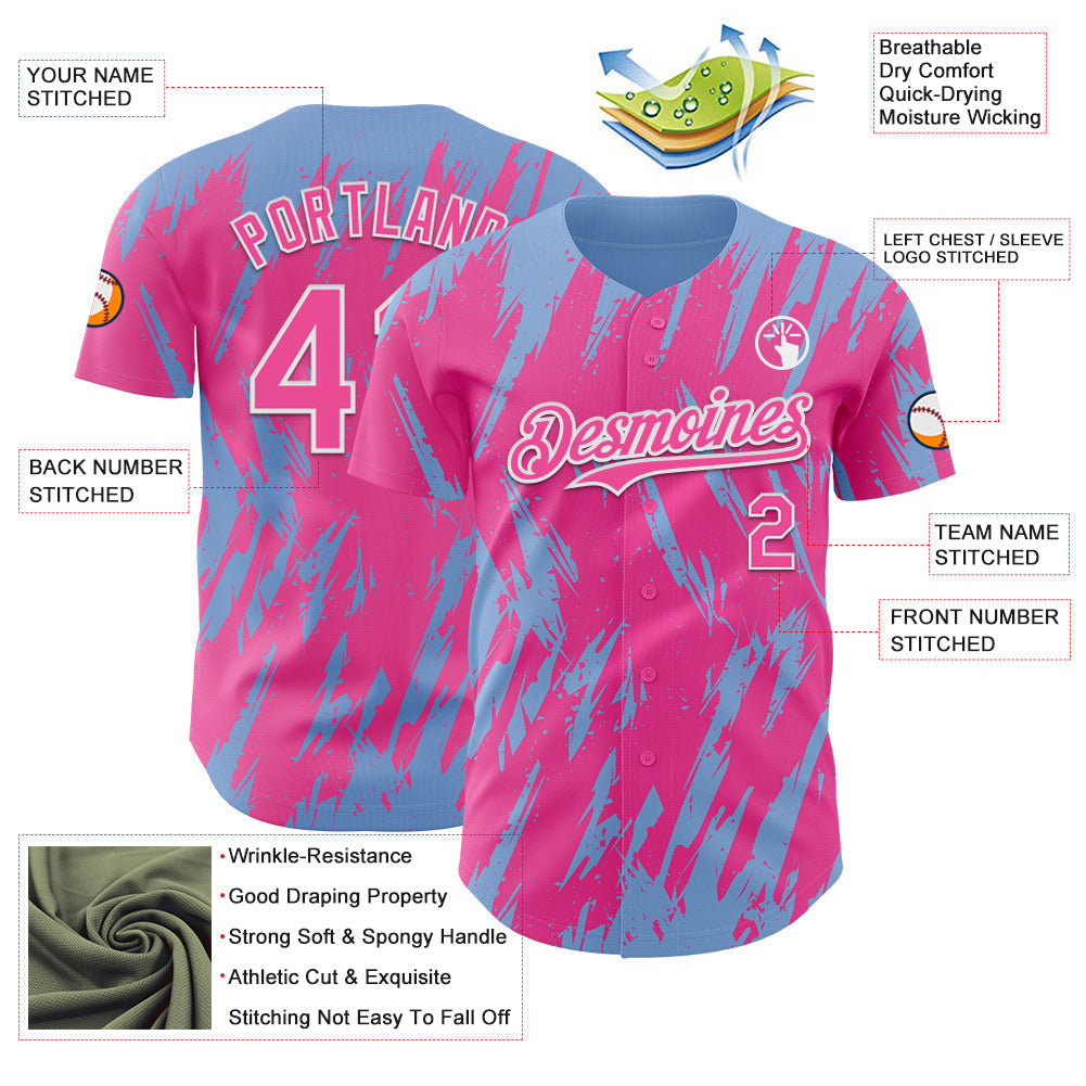 Custom Pink White-Light Blue Splatter Torn Sharp Brush Stroke Authentic Baseball Jersey baseball jersey product view 3