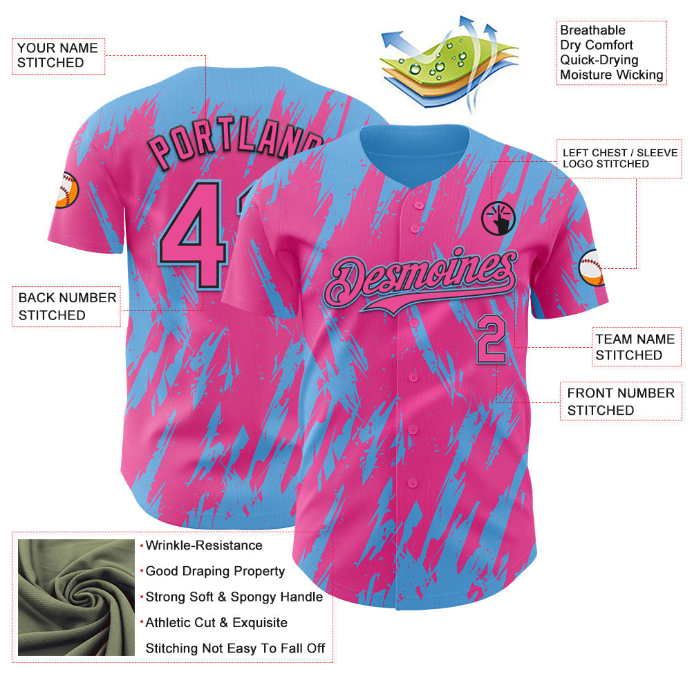 Custom Pink Black-Sky Blue Splatter Torn Sharp Brush Stroke Authentic Baseball Jersey baseball jersey product view 3