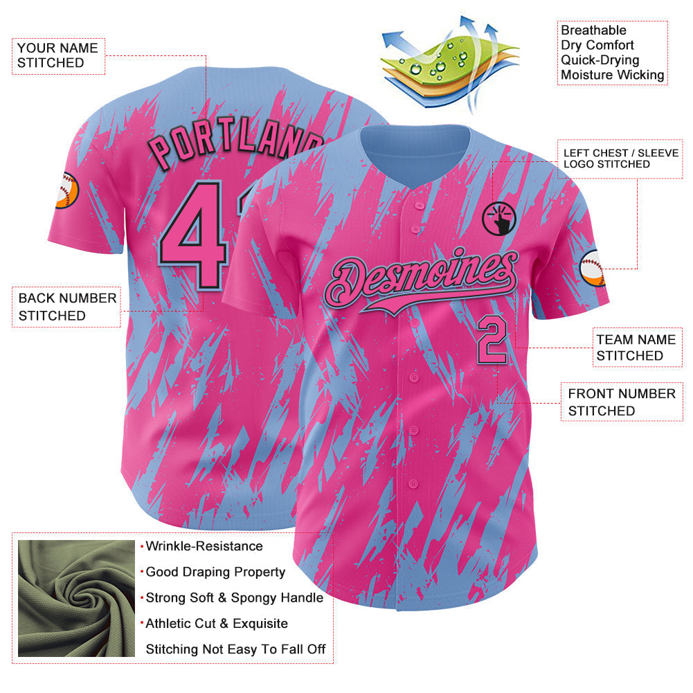 Custom Pink Black-Light Blue Splatter Torn Sharp Brush Stroke Authentic Baseball Jersey baseball jersey product view 3