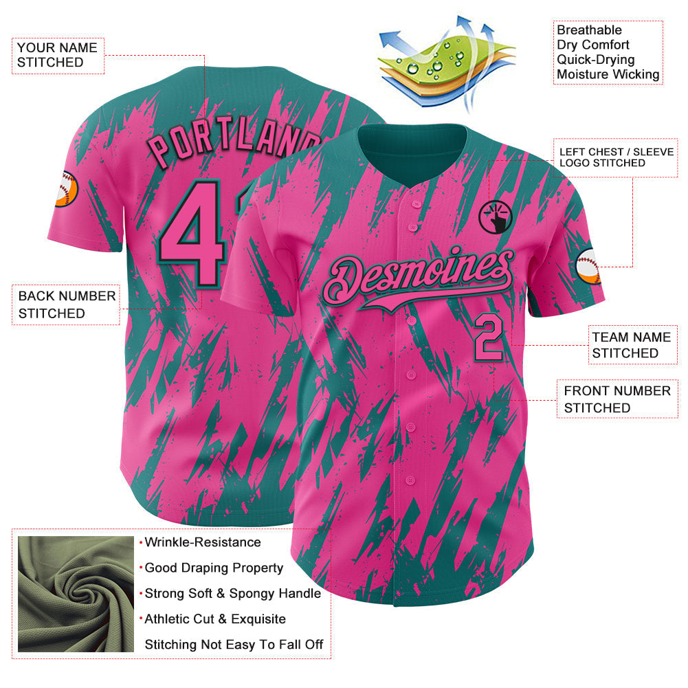 Custom Pink Black-Teal Splatter Torn Sharp Brush Stroke Authentic Baseball Jersey baseball jersey product view 3