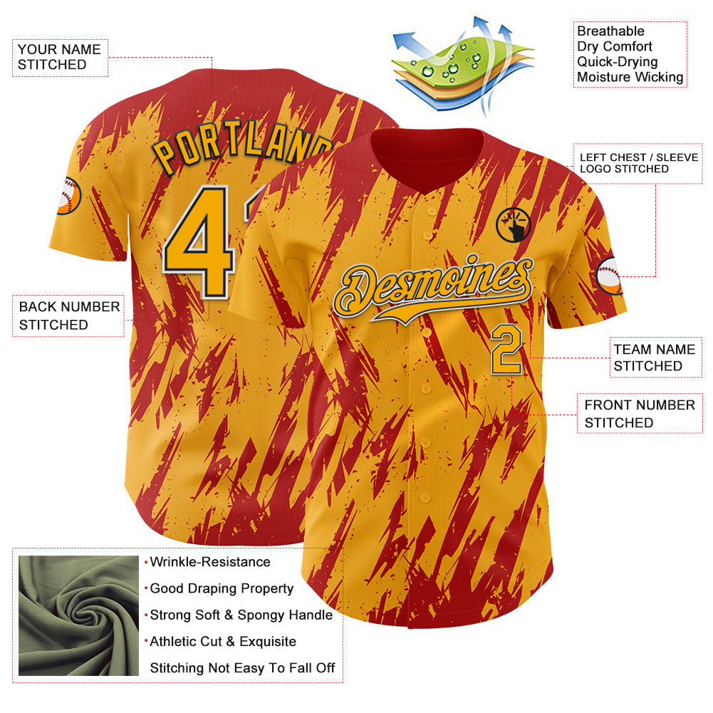 Custom Gold Black-Red Splatter Torn Sharp Brush Stroke Authentic Baseball Jersey baseball jersey product view 3