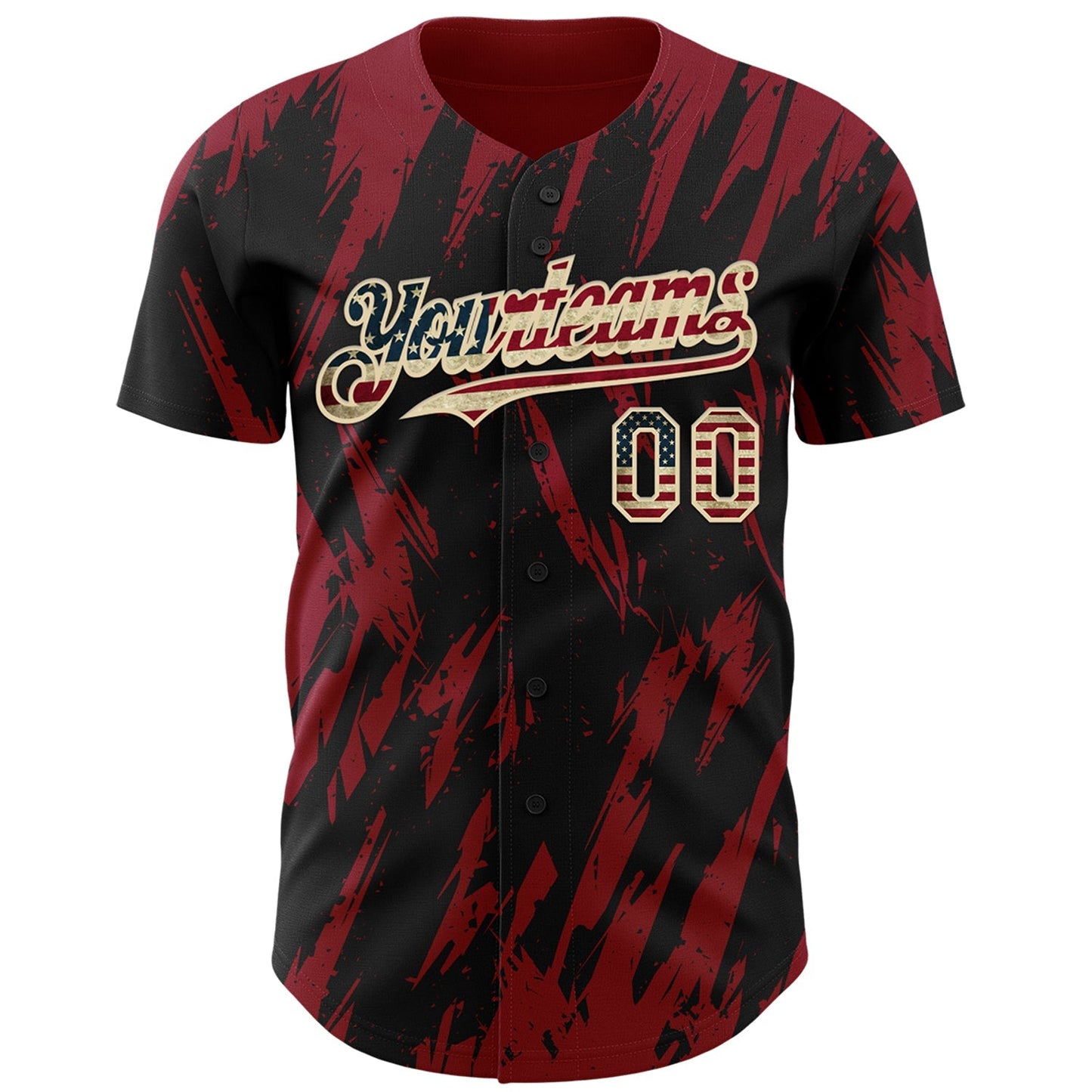 Custom Black Vintage USA Flag Cream-Crimson Splatter Torn Sharp Brush Stroke Authentic Baseball Jersey baseball jersey product view 2
