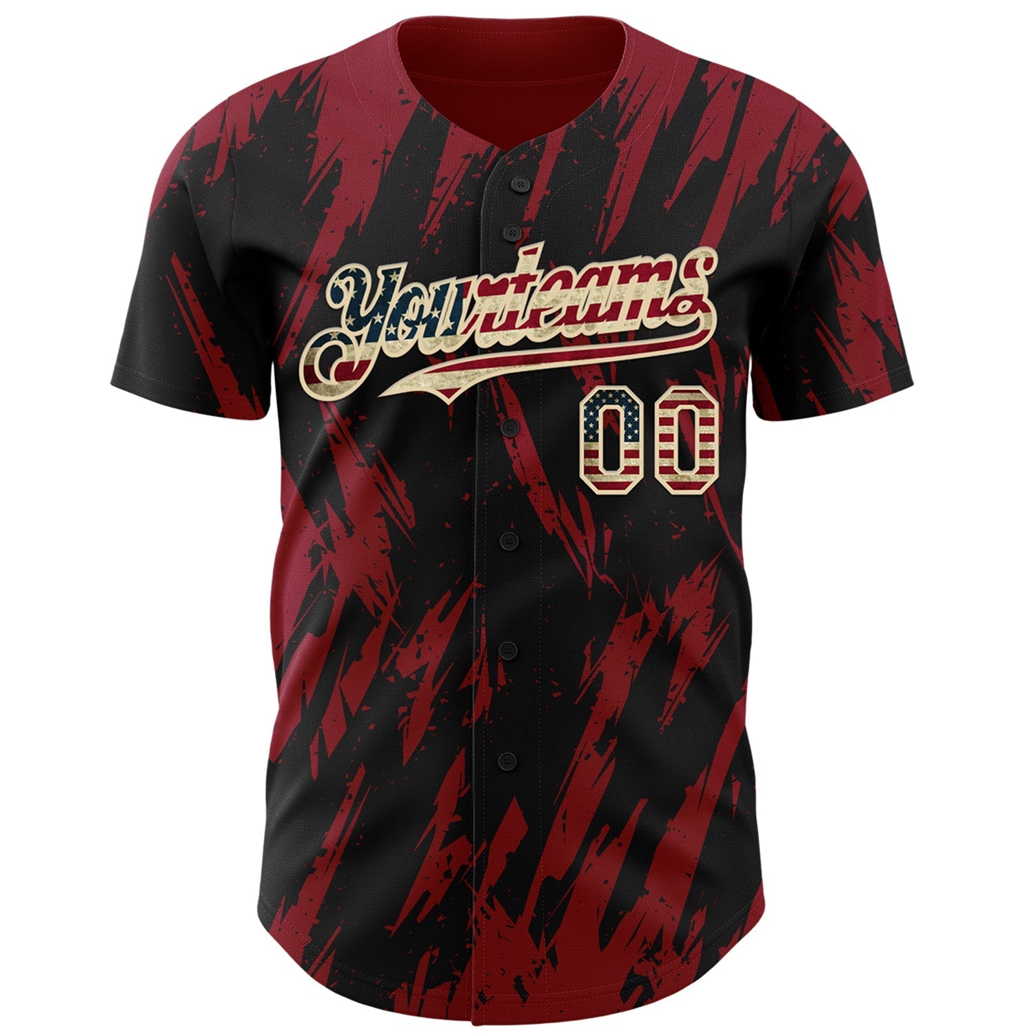 Custom Black Vintage USA Flag Cream-Crimson Splatter Torn Sharp Brush Stroke Authentic Baseball Jersey baseball jersey product view 2