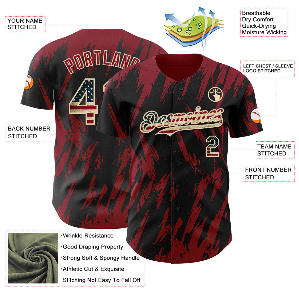 Custom Black Vintage USA Flag Cream-Crimson Splatter Torn Sharp Brush Stroke Authentic Baseball Jersey baseball jersey product view 3