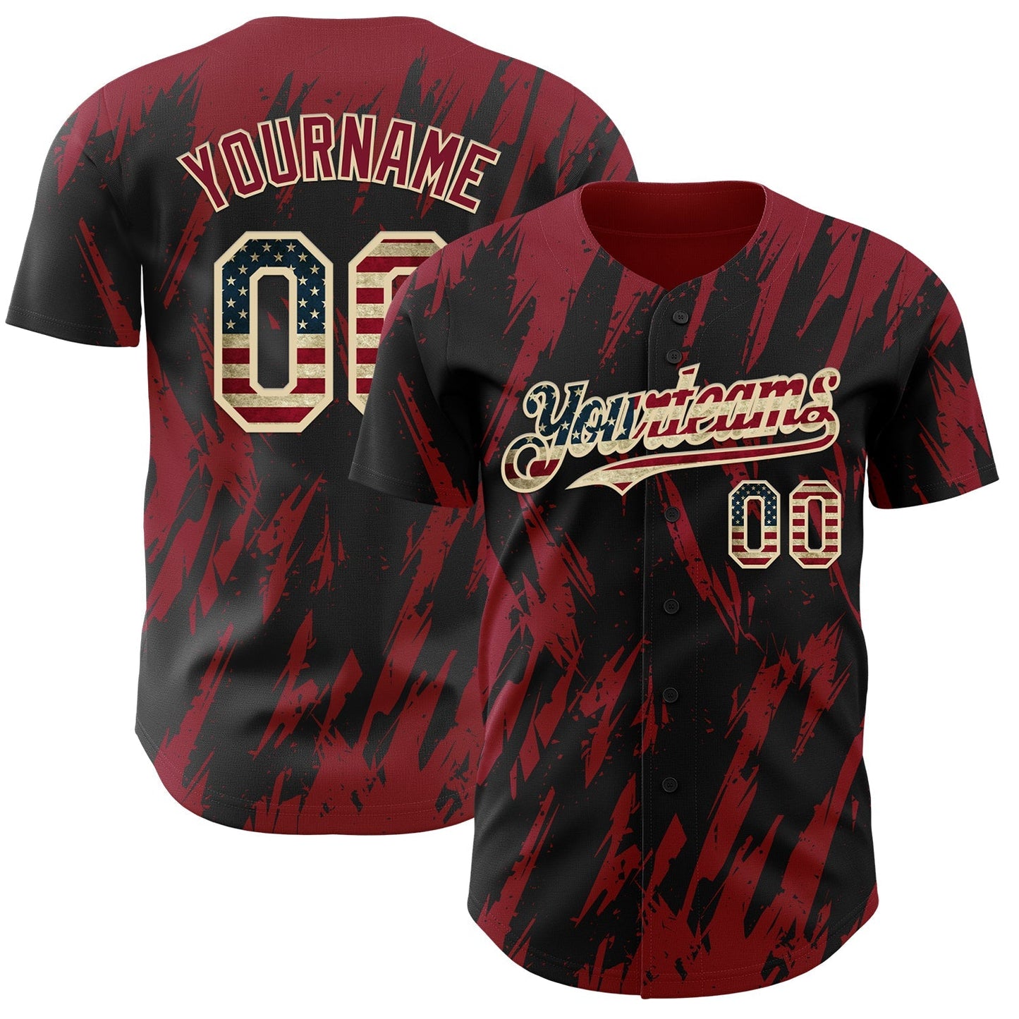 Custom Black Vintage USA Flag Cream-Crimson Splatter Torn Sharp Brush Stroke Authentic Baseball Jersey baseball jersey product view 1