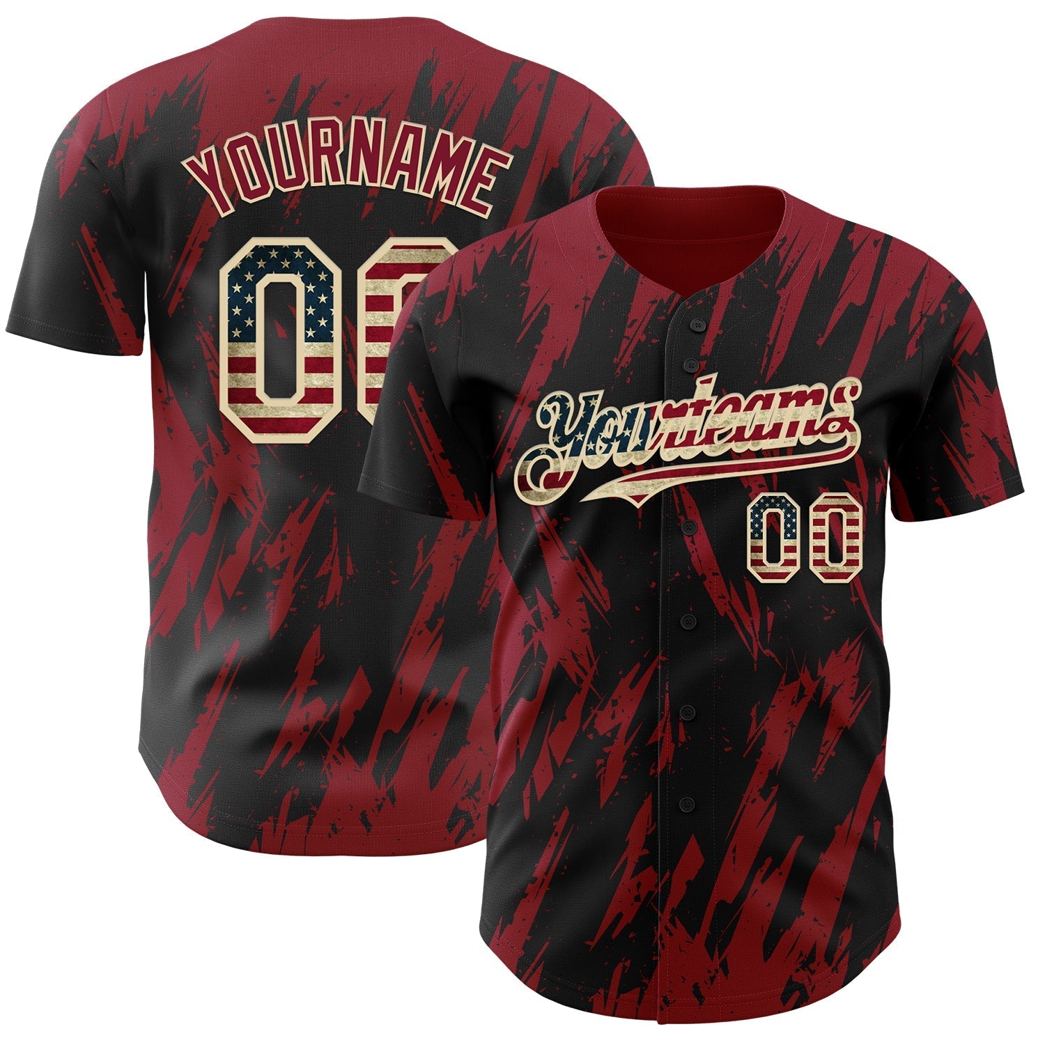 Custom Black Vintage USA Flag Cream-Crimson Splatter Torn Sharp Brush Stroke Authentic Baseball Jersey baseball jersey product view 1