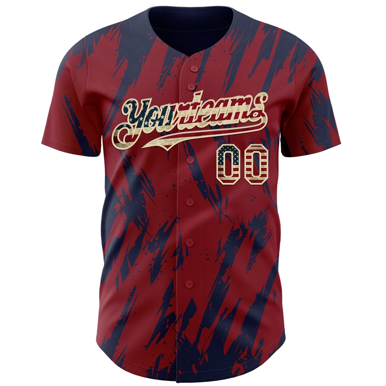 Custom Crimson Vintage USA Flag Cream-Navy Splatter Torn Sharp Brush Stroke Authentic Baseball Jersey baseball jersey product view 2