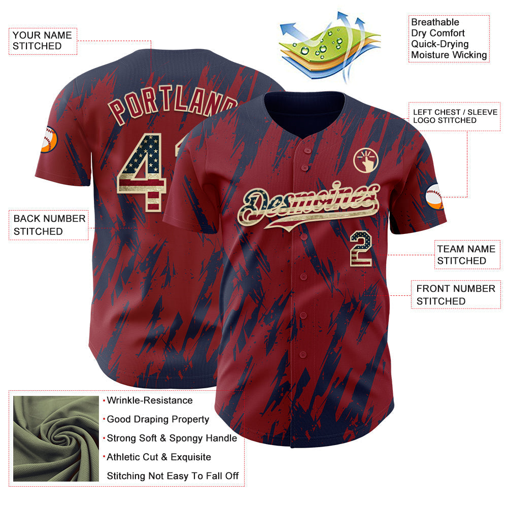 Custom Crimson Vintage USA Flag Cream-Navy Splatter Torn Sharp Brush Stroke Authentic Baseball Jersey baseball jersey product view 3