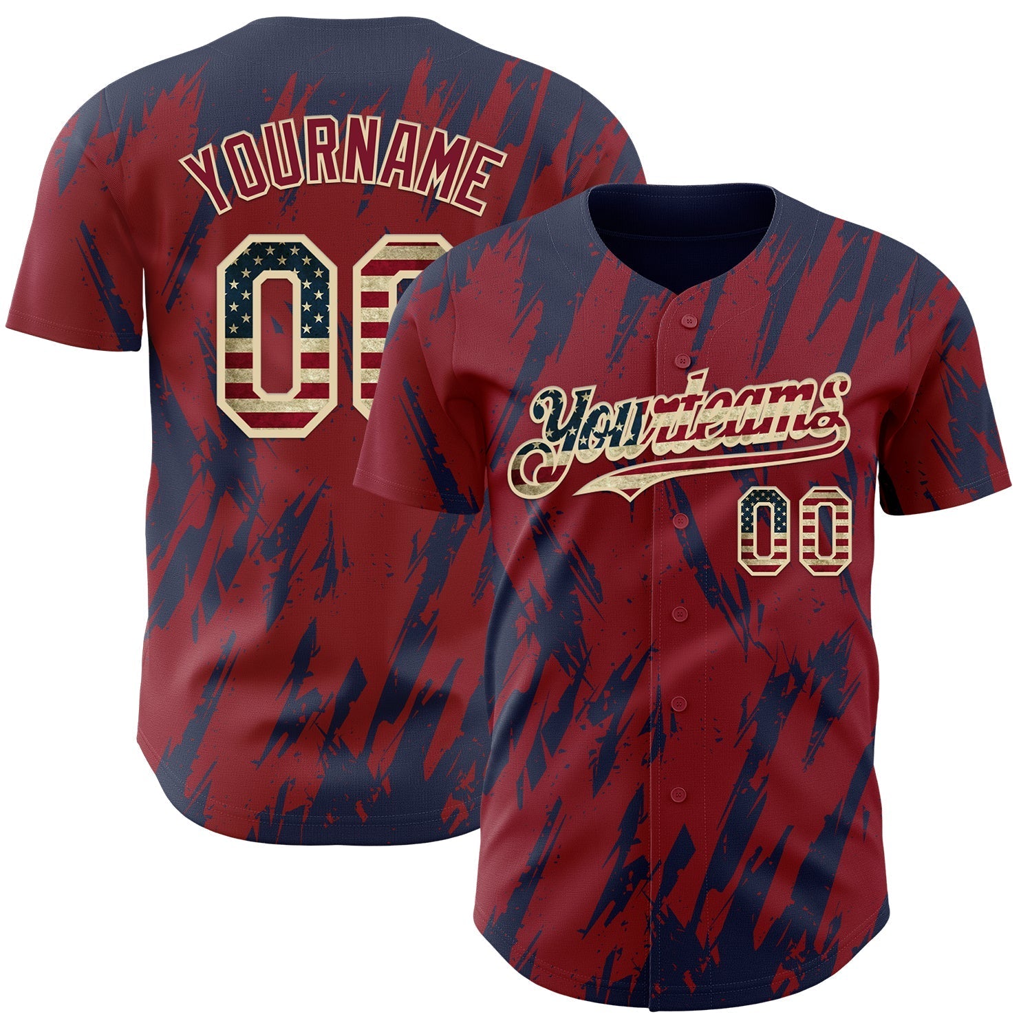 Custom Crimson Vintage USA Flag Cream-Navy Splatter Torn Sharp Brush Stroke Authentic Baseball Jersey baseball jersey product view 1