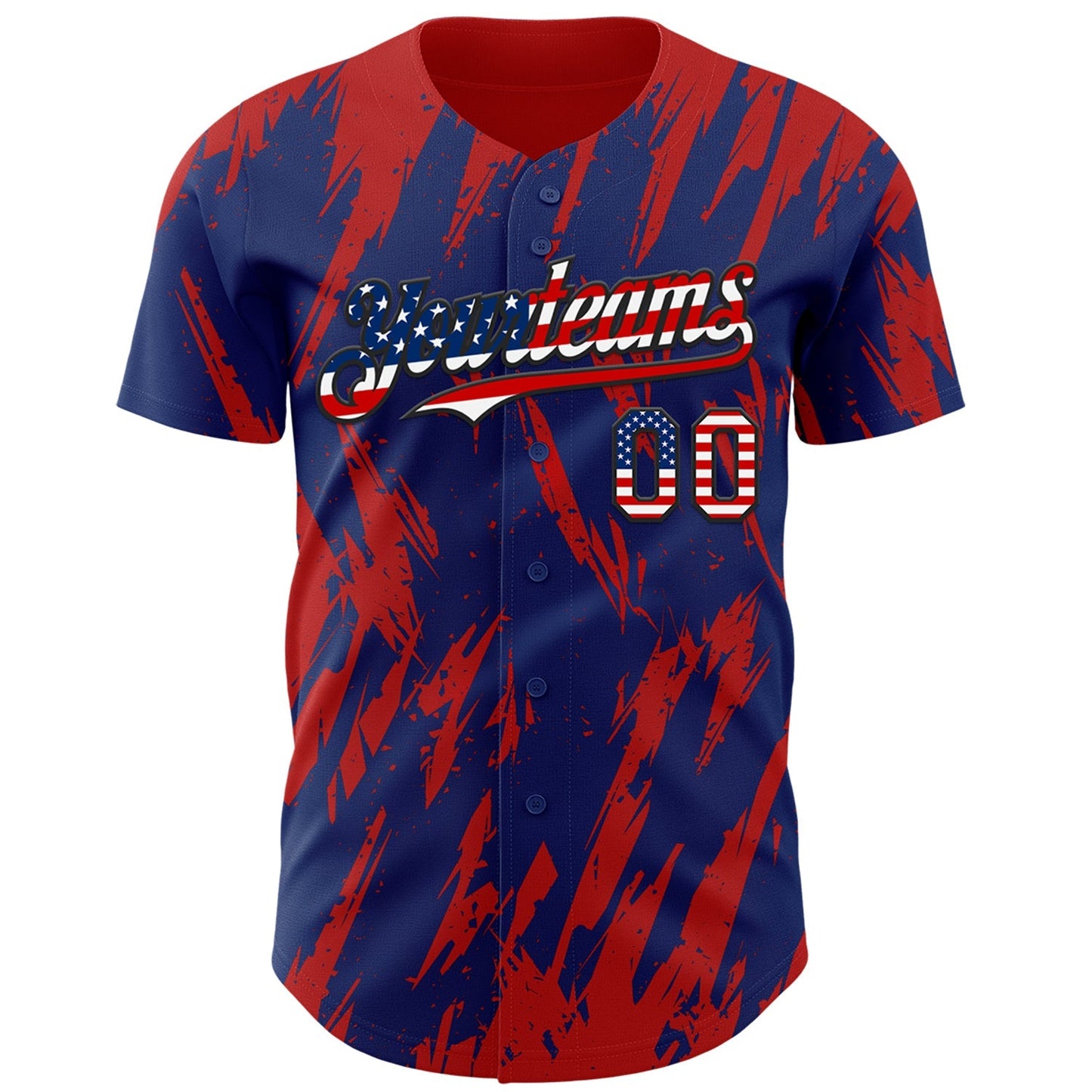 Custom Royal Vintage USA Flag Black-Red Splatter Torn Sharp Brush Stroke Authentic Baseball Jersey baseball jersey product view 2
