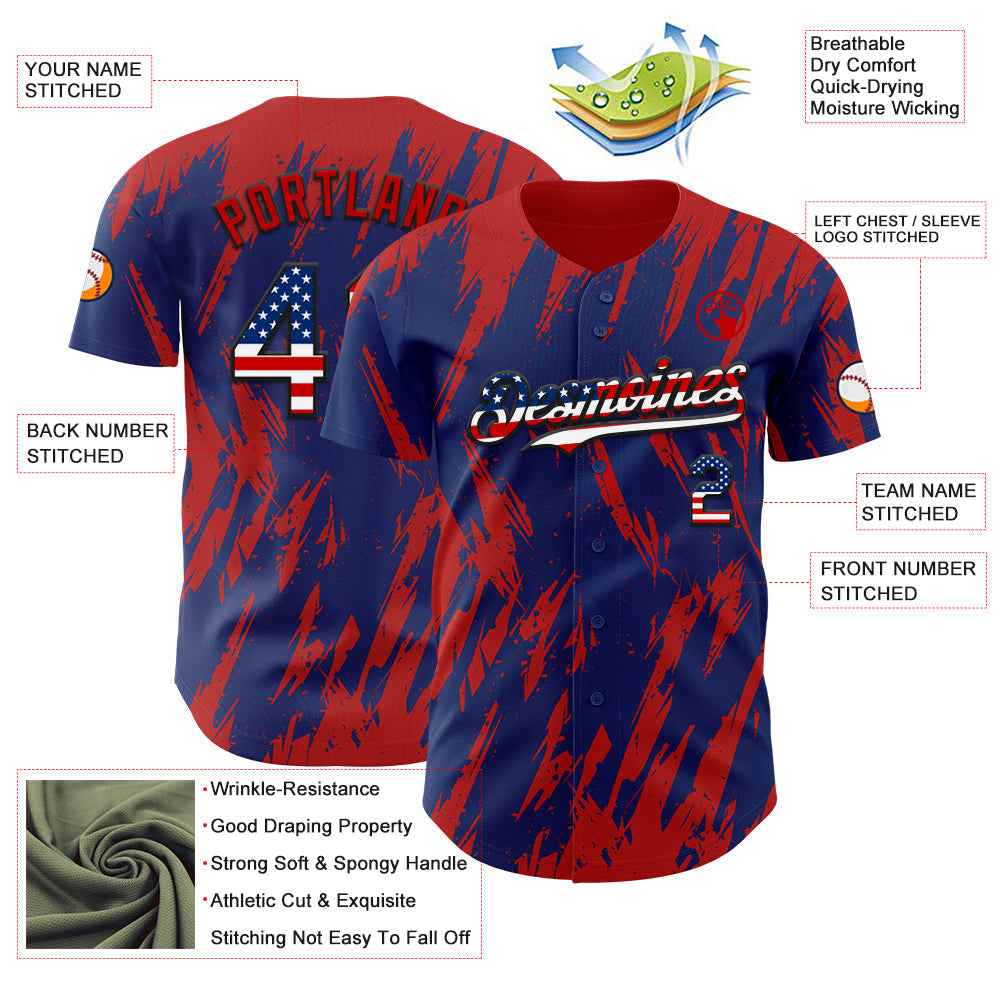 Custom Royal Vintage USA Flag Black-Red Splatter Torn Sharp Brush Stroke Authentic Baseball Jersey baseball jersey product view 3