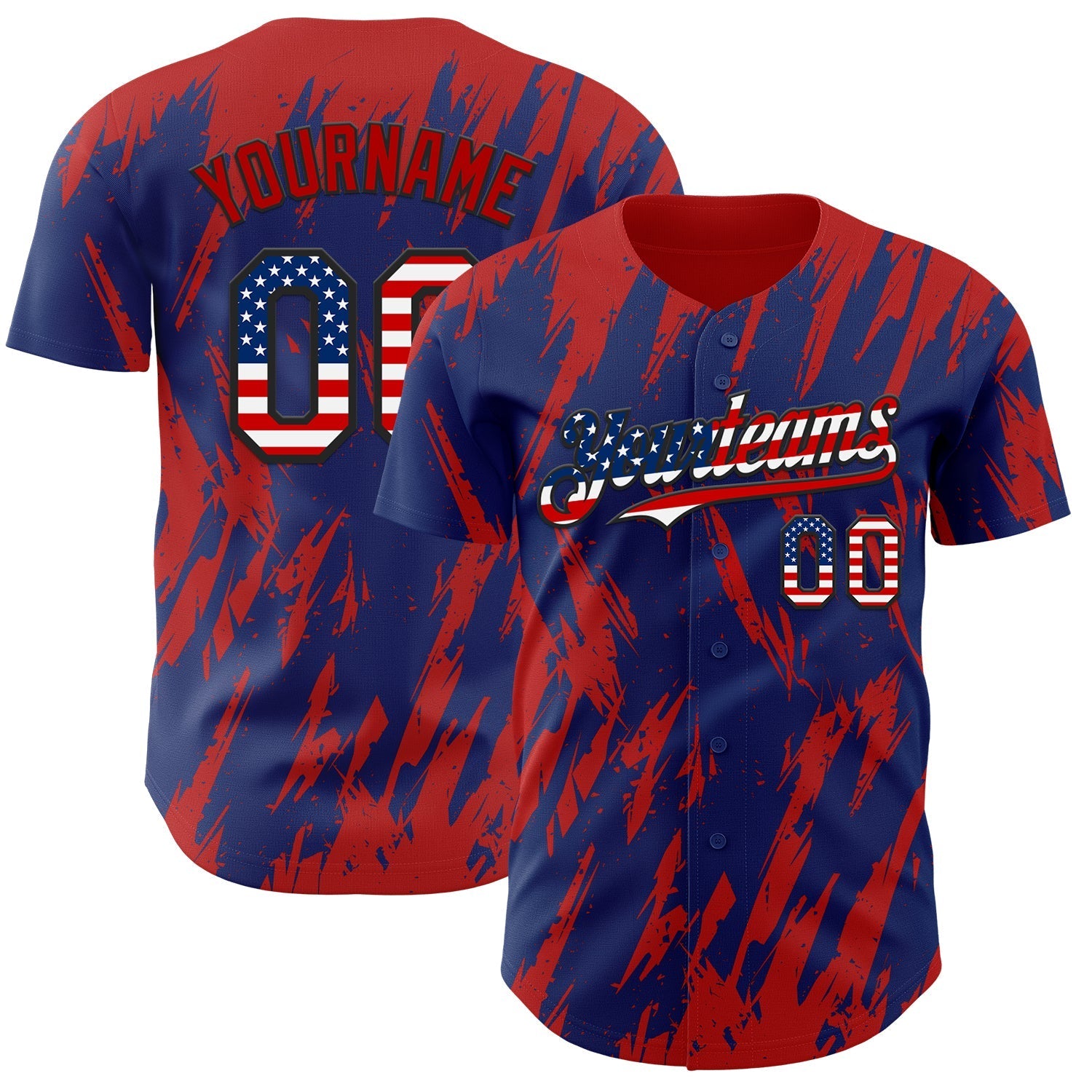 Custom Royal Vintage USA Flag Black-Red Splatter Torn Sharp Brush Stroke Authentic Baseball Jersey baseball jersey product view 1