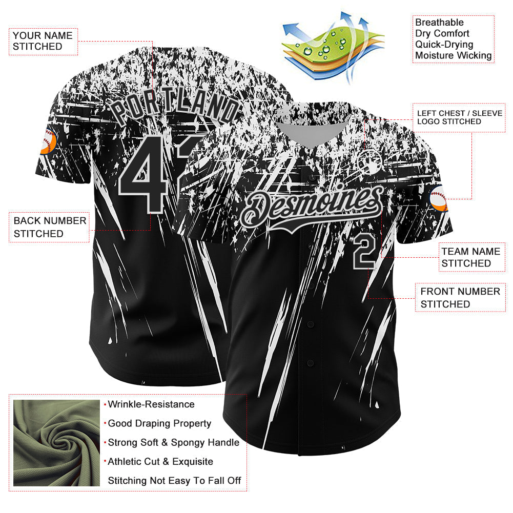 Custom Black White Distressed Scratch Brush Stroke Authentic Baseball Jersey baseball jersey product view 3