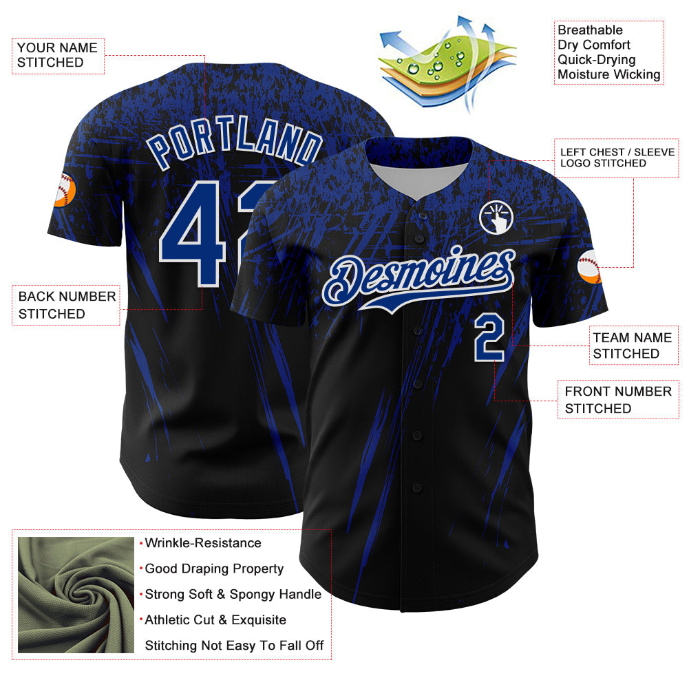 Custom Black Royal-White Distressed Scratch Brush Stroke Authentic Baseball Jersey baseball jersey product view 3