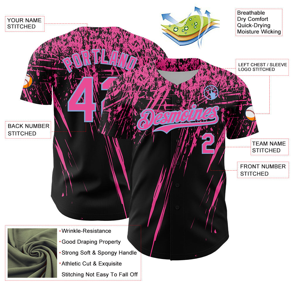 Custom Black Pink-Light Blue Distressed Scratch Brush Stroke Authentic Baseball Jersey baseball jersey product view 3