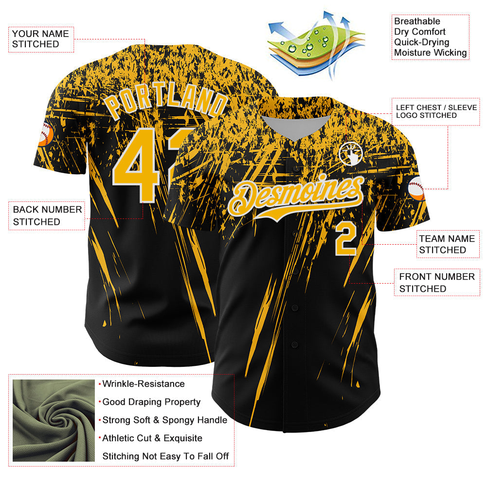 Custom Black Gold-White Distressed Scratch Brush Stroke Authentic Baseball Jersey baseball jersey product view 3