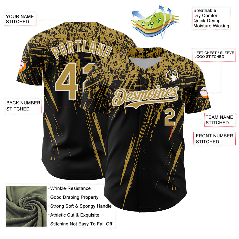 Custom Black Old Gold-White Distressed Scratch Brush Stroke Authentic Baseball Jersey baseball jersey product view 3