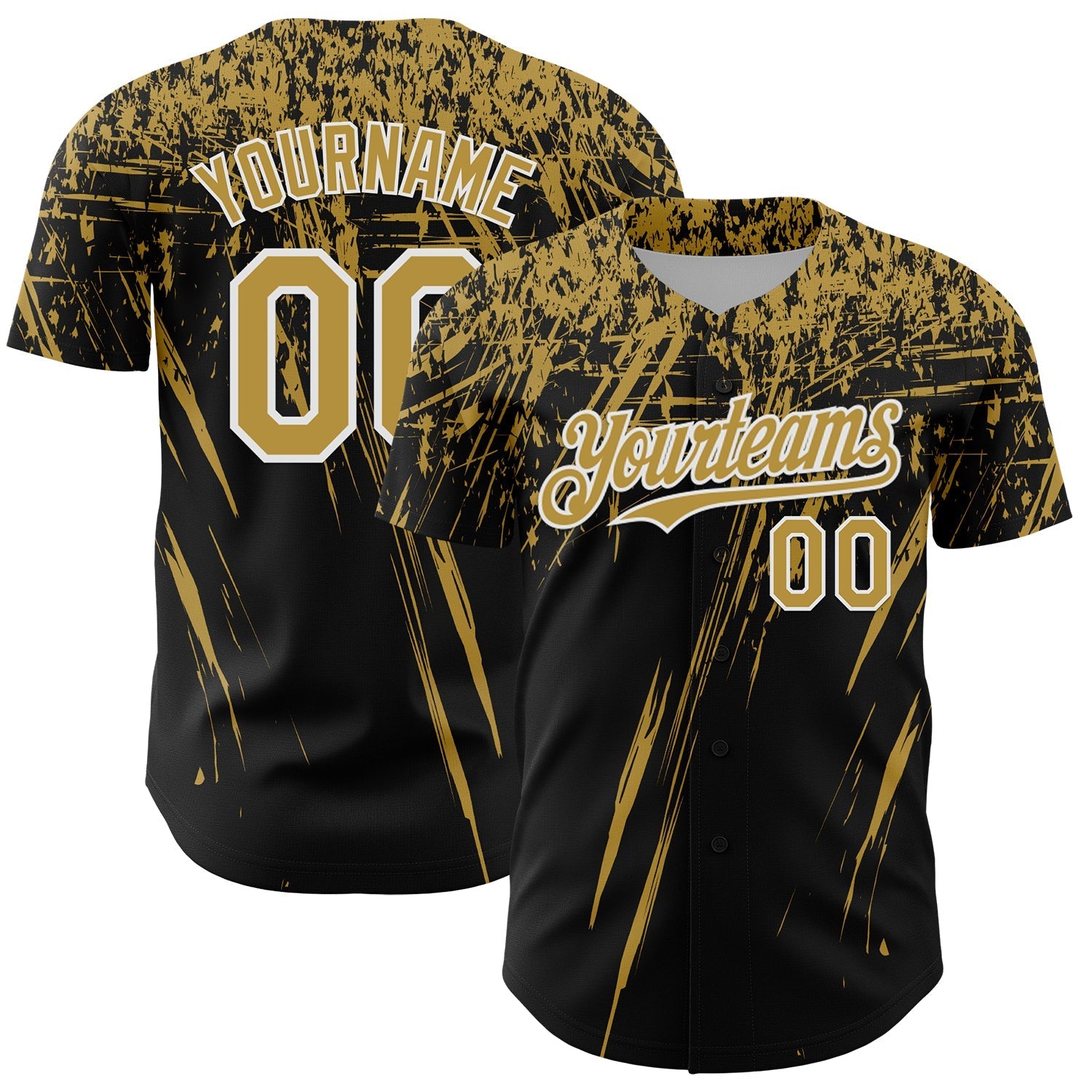 Custom Black Old Gold-White Distressed Scratch Brush Stroke Authentic Baseball Jersey baseball jersey product view 1