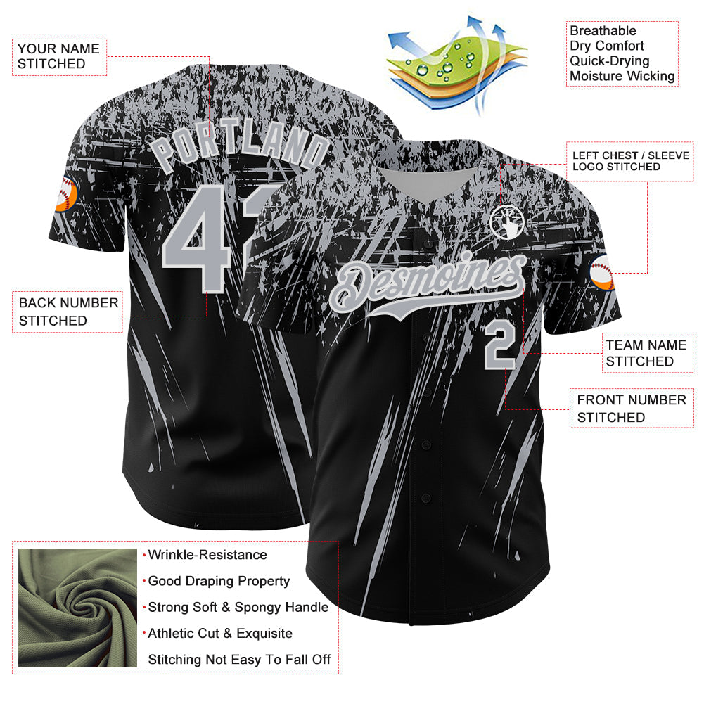 Custom Black Gray-White Distressed Scratch Brush Stroke Authentic Baseball Jersey baseball jersey product view 3