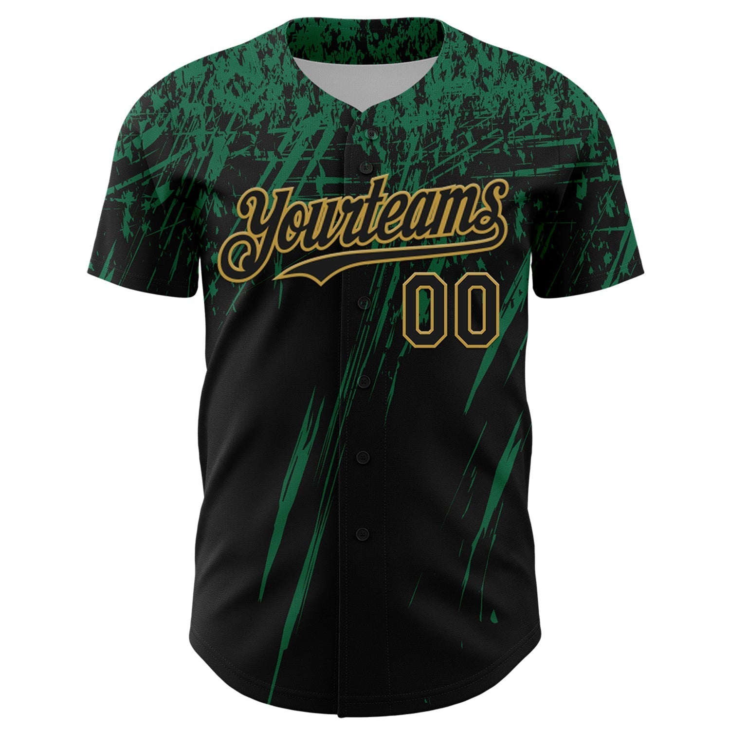 Custom Black Kelly Green-Old Gold Distressed Scratch Brush Stroke Authentic Baseball Jersey baseball jersey product view 2