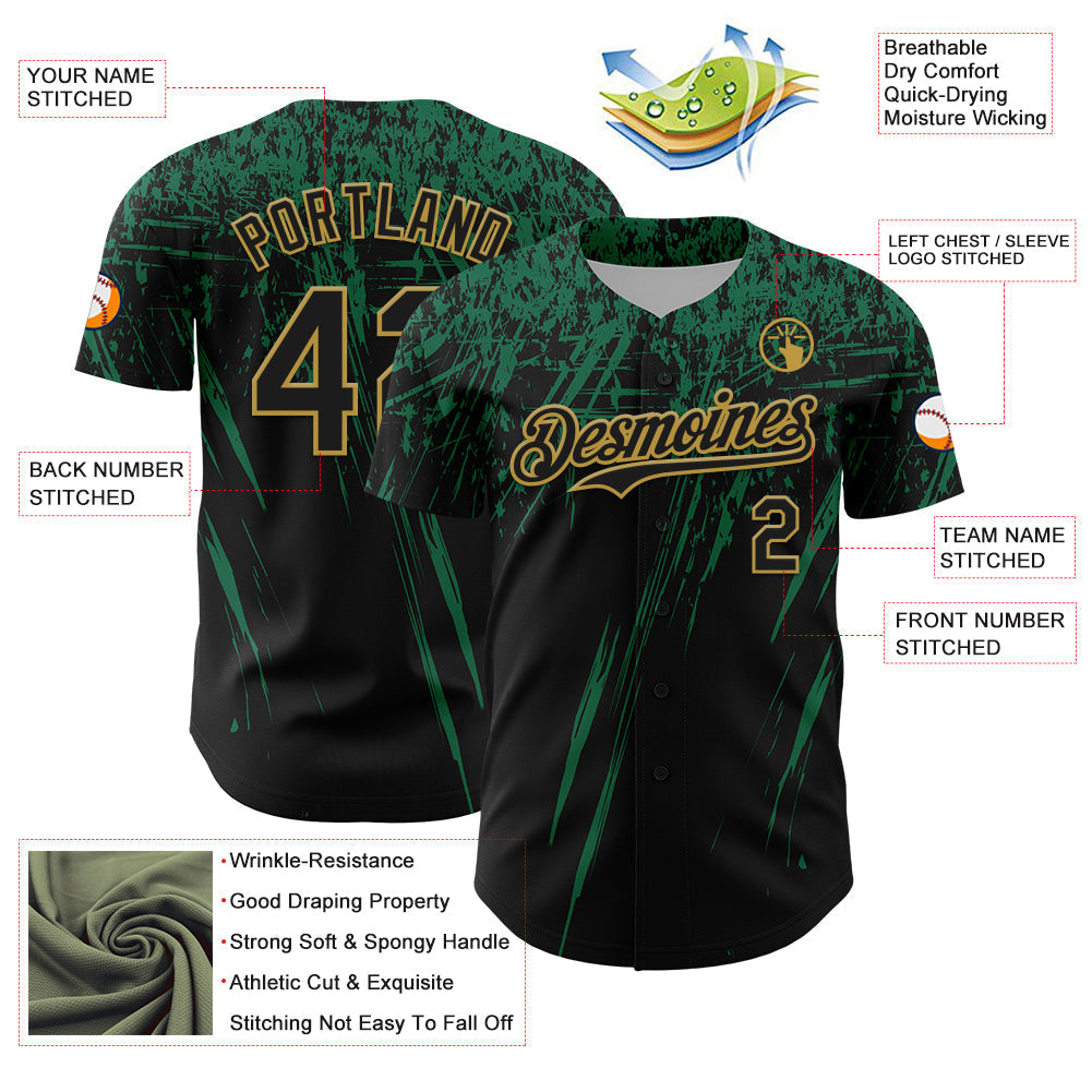 Custom Black Kelly Green-Old Gold Distressed Scratch Brush Stroke Authentic Baseball Jersey baseball jersey product view 3