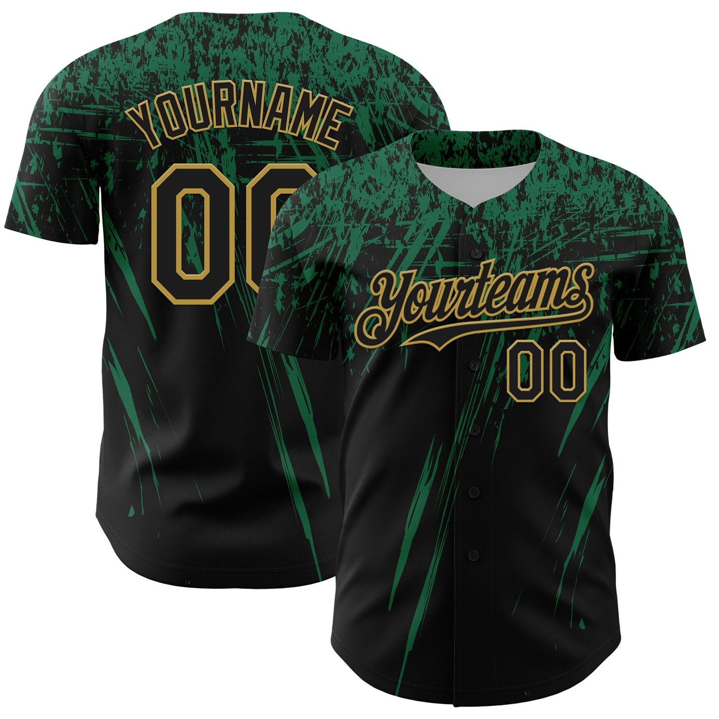 Custom Black Kelly Green-Old Gold Distressed Scratch Brush Stroke Authentic Baseball Jersey baseball jersey product view 1