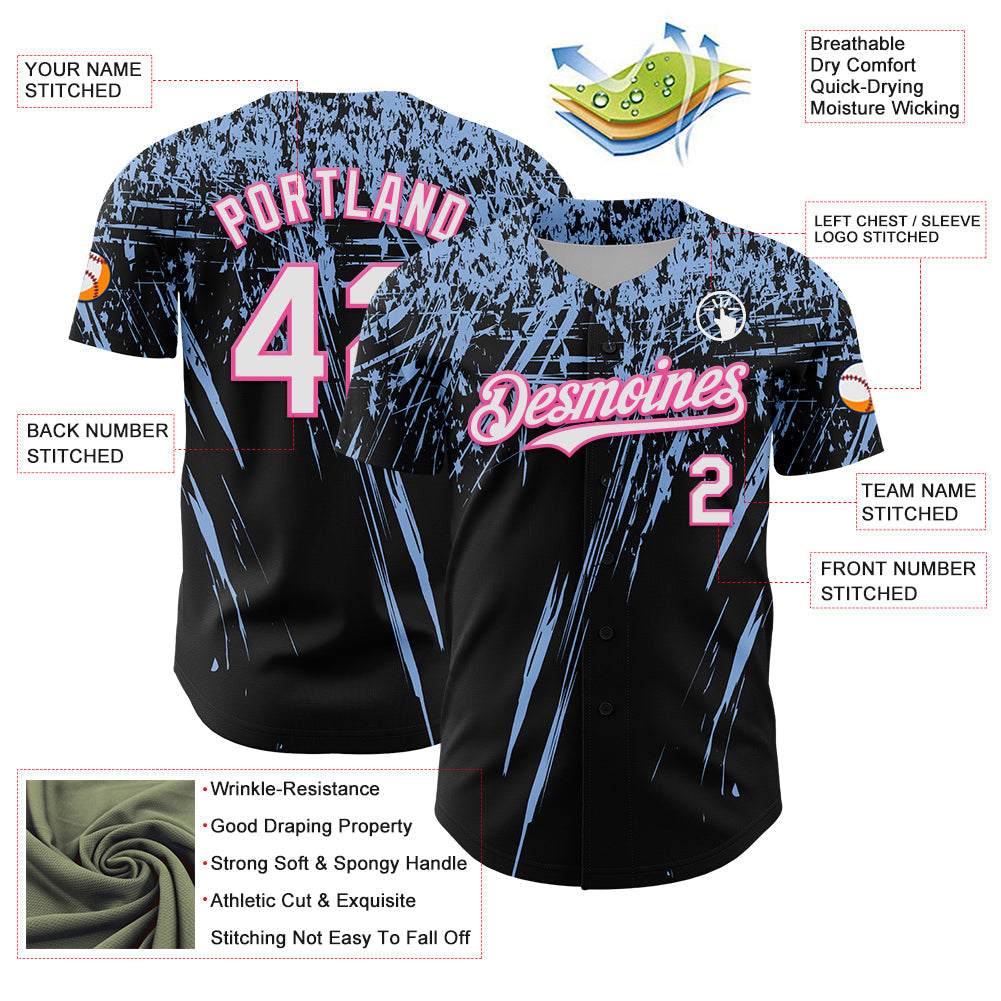 Custom Black White Light Blue-Pink Distressed Scratch Brush Stroke Authentic Baseball Jersey baseball jersey product view 3